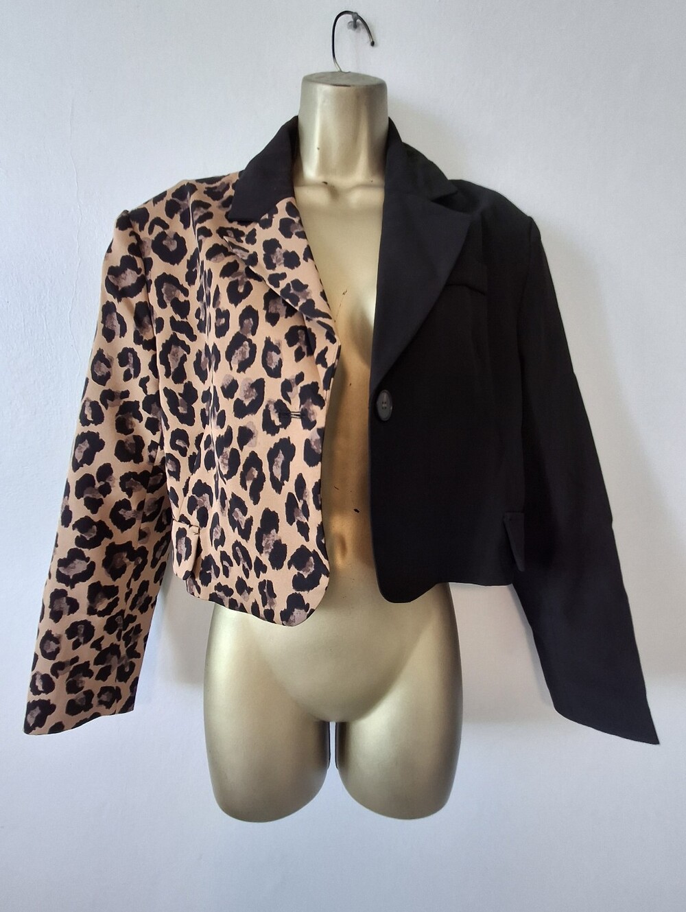 Leopard Print & Black Cropped Blazer Jacket - Women's Two-Tone